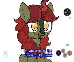 Size: 858x720 | Tagged: safe, artist:omelettepony, oc, oc only, oc:pine pyre, kirin, pony, buttons, camera, clock, featured image, female, glasses, mare, open mouth, open smile, ponified, ryo hazuki, talking, talking to viewer, text