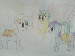 Size: 4032x3016 | Tagged: safe, artist:jakusi, diamond mint, lemony gem, serena, pony, unicorn, balloon, clothes, cupcake, dress, female, flower, flower in hair, food, mare, party, saddle, sugarcube corner, tack, traditional art