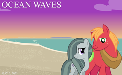 Size: 2064x1278 | Tagged: safe, artist:dashiesparkle, artist:jhayarr23, artist:not-yet-a-brony, imported from derpibooru, big macintosh, marble pie, earth pony, 2023, beach, bittersweet, female, friends, friendship, heartwarming, honorary cousin, implied shipping, implied sugarmac, looking at each other, looking at someone, male, mare, may, movie reference, ocean, ocean waves, ship sinking, smiling, smiling at each other, stallion, studio ghibli, sunrise, sunset, walking, water, youtube link in the description