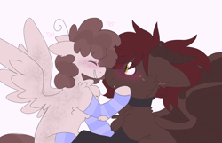 Size: 2800x1800 | Tagged: safe, artist:puppie, imported from derpibooru, oc, oc only, oc:raevyn, oc:whiskey dreams, demon, demon pony, incubus, incubus pony, original species, pegasus, blushing, boop, cute, flustered, noseboop, nuzzling, simple background