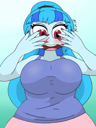 Size: 4000x3000 | Tagged: safe, artist:c_w, imported from derpibooru, sonata dusk, human, equestria girls, blushing, breasts, busty sonata dusk, eyelashes, eyeshadow, female, flustered, gradient background, looking at you, looking down, makeup, nail polish, open mouth, solo