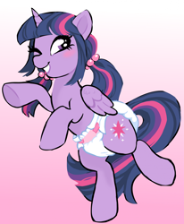 Size: 1742x2115 | Tagged: safe, artist:onc3l3rphobix, imported from derpibooru, twilight sparkle, alicorn, pony, alternate hairstyle, blushing, diaper, diaper fetish, fetish, gradient background, pigtails, redraw, solo, twilight sparkle (alicorn)