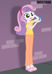 Size: 661x935 | Tagged: safe, artist:excelso36, imported from derpibooru, part of a set, sweetie belle, human, equestria girls, brick wall, clothes, commission, hand mirror, high heels, sandals, sidewalk, smiling, solo