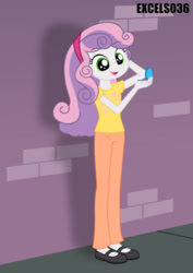 Size: 661x935 | Tagged: safe, artist:excelso36, imported from derpibooru, part of a set, sweetie belle, human, equestria girls, brick wall, clothes, commission, hand mirror, shoes, sidewalk, smiling, solo