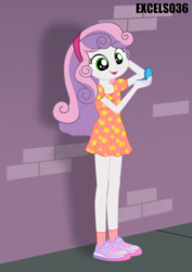 Size: 661x935 | Tagged: safe, artist:excelso36, imported from derpibooru, part of a set, sweetie belle, human, equestria girls, brick wall, clothes, commission, hand mirror, shoes, sidewalk, smiling, solo