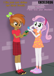 Size: 661x935 | Tagged: safe, artist:excelso36, imported from derpibooru, part of a set, button mash, sweetie belle, human, equestria girls, brick wall, cellphone, clothes, commission, equestria girls-ified, lidded eyes, mirror, phone, shoes, sidewalk, smiling, solo