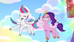 Size: 3072x1727 | Tagged: safe, imported from derpibooru, screencap, pipp petals, zipp storm, pegasus, pony, spoiler:g5, spoiler:my little pony: tell your tale, spoiler:tyts01e51, duo, duo female, eyes closed, female, flying, g5, magic, mare, mare family mare problems, my little pony: tell your tale, open mouth, royal sisters (g5), siblings, sisters, spread wings, sweat, sweatdrop, telekinesis, wings