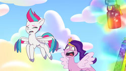 Size: 3072x1727 | Tagged: safe, imported from derpibooru, screencap, pipp petals, zipp storm, pegasus, pony, spoiler:g5, spoiler:my little pony: tell your tale, spoiler:tyts01e51, duo, duo female, eyes closed, female, flying, g5, magic, mare, mare family mare problems, my little pony: tell your tale, open mouth, pinpoint eyes, royal sisters (g5), siblings, sisters, spread wings, sweat, sweatdrop, telekinesis, wings