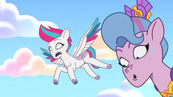 Size: 3072x1727 | Tagged: safe, imported from derpibooru, screencap, queen haven, zipp storm, pegasus, pony, spoiler:g5, spoiler:my little pony: tell your tale, spoiler:tyts01e51, :o, duo, duo female, female, flying, g5, mare, mare family mare problems, my little pony: tell your tale, open mouth, spread wings, sweat, sweatdrop, wings