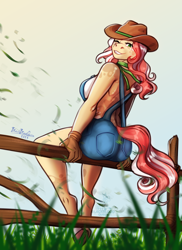 Size: 2430x3330 | Tagged: safe, artist:blackblood-queen, imported from derpibooru, oc, oc only, oc:cinnamon "cider" meadow, anthro, earth pony, unguligrade anthro, anthro oc, breasts, breeze, clothes, commission, cowboy hat, digital art, earth pony oc, female, gloves, grass, grin, hat, mare, one eye closed, overalls, smiling, solo, stetson, wink