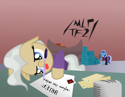 Size: 2844x2222 | Tagged: safe, artist:capital_t, imported from derpibooru, mayor mare, minuette, earth pony, pony, unicorn, /mlp/, /mlp/ tf2 general, administrator, air conditioner, cabinet, chair, desk, duo, female, file cabinet, folder, mare, miss pauling, mouth hold, paper, paperwork, pen, smiling, team fortress 2, text, tired