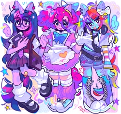 Size: 2048x1915 | Tagged: safe, artist:jack0ran, imported from derpibooru, pinkie pie, rainbow dash, twilight sparkle, human, alicorn humanization, apron, bag, bandaid, belt, book, bow, clothes, converse, dress, ear piercing, female, glasses, gloves, hair bow, hairband, hairclip, headband, headphones, horn, horned humanization, humanized, necktie, pegasus wings, piercing, pony ears, shoes, shorts, skirt, socks, stockings, thigh highs, tongue piercing, trio, trio female, unicorn horn, winged humanization, wings