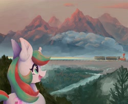 Size: 6904x5612 | Tagged: safe, artist:cupute, imported from derpibooru, gusty, unicorn, alternate universe, digital art, forest, gusty winds, lineless, mountain, mountain range, painting, river, scenery, scenery porn, train, water