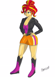 Size: 2480x3508 | Tagged: safe, artist:nyxsof, imported from derpibooru, sunset shimmer, human, equestria girls, alternate hairstyle, boots, clothes, female, hand on hip, jacket, leather, leather jacket, shoes, signature, simple background, skirt, solo, white background