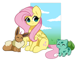 Size: 5197x4147 | Tagged: safe, artist:kittyrosie, imported from derpibooru, fluttershy, bulbasaur, eevee, pegasus, pony, absurd resolution, cloud, crossover, cute, eyes closed, heart, heart eyes, looking back, pokémon, simple background, sitting, sky, transparent background, wingding eyes