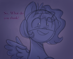 Size: 834x676 | Tagged: safe, anonymous artist, imported from derpibooru, pipp petals, pegasus, pony, series:misty pov, dialogue, eye clipping through hair, eyebrows, eyebrows visible through hair, female, g5, implied misty brightdawn, limited palette, mare, offscreen character, solo