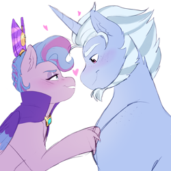 Size: 3300x3300 | Tagged: safe, artist:starsbursts, imported from derpibooru, queen haven, pegasus, pony, unicorn, alphabittle blossomforth, alphahaven, blushing, duo, female, g5, heart, hoof on chest, lidded eyes, looking at each other, looking at someone, male, mare, shipping, simple background, smiling, stallion, straight, white background