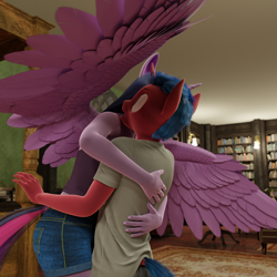 Size: 1792x1792 | Tagged: safe, artist:stellarator, imported from derpibooru, twilight sparkle, oc, oc:juicebox, alicorn, anthro, unguligrade anthro, comic:a morning with the night, comic:a morning with the night part 14, 3d, blender, blender cycles, bookshelf, canon x oc, comic, cycles render, duo, female, glomp, hug, male, straight, twilight sparkle (alicorn)