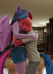 Size: 1280x1792 | Tagged: safe, artist:stellarator, imported from derpibooru, twilight sparkle, oc, oc:juicebox, alicorn, anthro, unguligrade anthro, comic:a morning with the night, comic:a morning with the night part 14, 3d, blender, blender cycles, bookshelf, canon x oc, comic, cycles render, duo, female, glomp, hug, male, straight, twilight sparkle (alicorn)