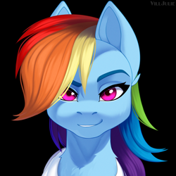 Size: 1024x1024 | Tagged: safe, artist:villjulie, imported from derpibooru, rainbow dash, pegasus, pony, black background, bust, female, looking at you, mare, portrait, signature, simple background, smiling, smirk, solo