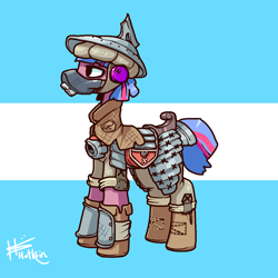 Size: 1280x1280 | Tagged: safe, artist:hotkoin, imported from derpibooru, twilight sparkle, earth pony, pony, abstract background, armor, earth pony twilight, female, helmet, mask, race swap, solo