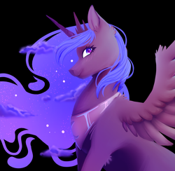 Size: 3889x3801 | Tagged: safe, artist:snailswails, imported from derpibooru, princess luna, alicorn, pony, black background, blushing, cloud, ethereal mane, female, jewelry, looking at you, mare, profile, regalia, simple background, sky mane, smiling, solo, spread wings, starry mane, wings