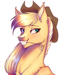 Size: 1280x1446 | Tagged: safe, artist:snailswails, imported from derpibooru, applejack, earth pony, pony, applejack's hat, bust, cowboy hat, female, grin, hat, lidded eyes, mare, portrait, simple background, smiling, solo, straw in mouth, white background