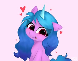 Size: 1368x1074 | Tagged: safe, artist:petaltwinkle, imported from derpibooru, izzy moonbow, pony, unicorn, cute, eye clipping through hair, female, floating heart, g5, happy, heart, izzybetes, looking at you, mare, open mouth, open smile, pink background, simple background, smiling, smiling at you, solo