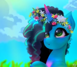 Size: 1024x892 | Tagged: safe, artist:petaltwinkle, imported from derpibooru, pony, unicorn, bust, cloud, eye clipping through hair, female, floral head wreath, flower, g5, grass, looking up, mare, misty brightdawn, sky, solo