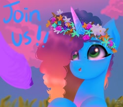 Size: 1024x892 | Tagged: safe, alternate version, artist:petaltwinkle, imported from derpibooru, izzy moonbow, pony, unicorn, alternate hair color, bust, crying, disembodied hoof, duo, eye clipping through hair, female, floral head wreath, flower, g5, looking up, mare, misty brightdawn, offscreen character, open mouth, open smile, smiling, solo focus, sunset, tears of joy, teary eyes