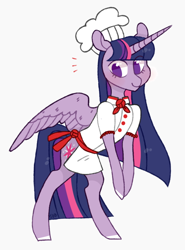 Size: 540x729 | Tagged: safe, artist:jellybeanbullet, imported from derpibooru, twilight sparkle, alicorn, pony, bipedal, chef's hat, clothes, colored hooves, female, hat, no pupils, simple background, solo, twilight sparkle (alicorn), white background