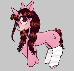 Size: 892x848 | Tagged: safe, artist:anonymare, imported from derpibooru, oc, oc only, oc:bunnyhalo, pony, unicorn, braid, braided tail, concave belly, female, gray background, mare, simple background, solo, tail, tongue out