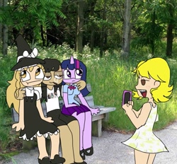 Size: 917x852 | Tagged: safe, artist:anonymare, imported from derpibooru, twilight sparkle, anthro, human, unicorn, :t, arm on shoulder, bench, butters stotch, cellphone, clothes, crossover, dress, equestria girls outfit, female, horn, kirisame marisa, lesbian, marjorine, phone, polyamory, self insert, skirt, smoking, south park, taking a photo, touhou
