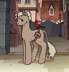 Size: 2973x3112 | Tagged: safe, artist:hederacea, imported from derpibooru, bird, cardinal, classical unicorn, pony, unicorn, spoiler:the owl house, cel shading, cloven hooves, flapjack (the owl house), grimwalker, horn, hunter (the owl house), leonine tail, palisman, ponified, scar, shading, spoilers for another series, spoilers in the comments, the owl house, unshorn fetlocks