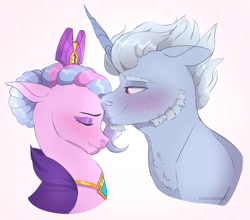 Size: 1280x1126 | Tagged: safe, artist:primrosepaper, imported from derpibooru, queen haven, pegasus, pony, unicorn, alphabittle blossomforth, alphahaven, blushing, crown, duo, duo male and female, eyes closed, female, g5, jewelry, male, mare, nuzzling, regalia, shipping, smiling, stallion, straight