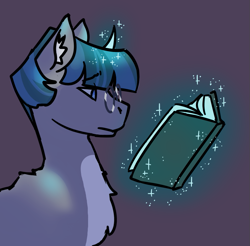 Size: 809x796 | Tagged: safe, artist:hederacea, imported from derpibooru, stygian, pony, unicorn, book, chest fluff, ear fluff, g4, glasses, glowing, glowing horn, horn, looking at something, magic, male, simple background, solo, stallion