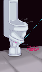 Size: 770x1320 | Tagged: safe, artist:stoopedhooy, imported from derpibooru, part of a set, unicorn, bondage, dialogue, encasement, implied king sombra, implied princess cadance, laser, living toilet, male, malesub, no pony, permanent, permanent bondage, stuck, submissive, text, toilet, toilet slave, tongue out, urinal, welding