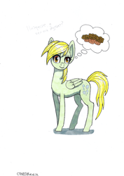 Size: 1200x1697 | Tagged: safe, artist:strategeak, imported from derpibooru, derpy hooves, pegasus, pony, concave belly, cyrillic, food, muffin, russian, simple background, solo, thought bubble, white background