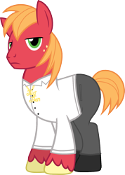 Size: 1081x1521 | Tagged: safe, artist:edy_january, edit, imported from derpibooru, vector edit, big macintosh, earth pony, pony, balenciaga, balenciaga fashion show 2023, base used, black pants, clothes, cold face, denim, fashion, fashion show, freckles, jeans, jewelry, lidded eyes, long pants, looking at you, male, model, modeling, necklace, pants, shirt, shoes, short mane, short tail, simple background, solo, stallion, tail, the big ben, transparent background, unamused, unshorn fetlocks, vector, white shirt