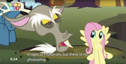 Size: 1024x525 | Tagged: safe, edit, edited screencap, imported from derpibooru, screencap, discord, fluttershy, draconequus, pegasus, pony, season 6, to where and back again, caption, discord is not amused, duo, duo male and female, female, frown, male, mare, meme, open mouth, photoshop, sitting, smiling, spread wings, subtitles, unamused, wings, youtube caption