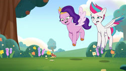 Size: 3072x1727 | Tagged: safe, imported from derpibooru, screencap, pipp petals, zipp storm, pegasus, pony, spoiler:g5, spoiler:my little pony: tell your tale, spoiler:tyts01e51, duo, duo female, female, flying, g5, mare, mare family mare problems, my little pony: tell your tale, open mouth, royal sisters (g5), siblings, sisters, spread wings, sweat, sweatdrop, tired, wings