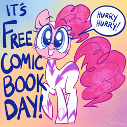 Size: 1280x1280 | Tagged: safe, artist:pfeffaroo, imported from derpibooru, fili-second, pinkie pie, earth pony, pony, caption, free comic book day, gradient background, grin, looking at you, power ponies, smiling, solo, speech bubble, text