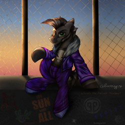 Size: 3000x3000 | Tagged: safe, artist:darklight1315, imported from derpibooru, oc, oc:jeraha diub, zebra, fallout equestria, clothes, concrete, dark mirror universe, fallout equestria: mayday, fence, fur, graffiti, jacket, punisher, roof, shirt, sideburns, solo, t-shirt