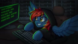 Size: 2048x1152 | Tagged: safe, artist:falafeljake, imported from derpibooru, oc, oc only, oc:firewire, pegasus, pony, chair, clothes, computer mouse, eye clipping through hair, eyebrows, eyebrows visible through hair, hacker, hacking, hoodie, keyboard, male, monitor, signature, solo, spread wings, stallion, wings