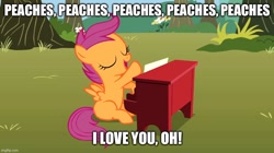 Size: 888x499 | Tagged: safe, edit, edited screencap, imported from derpibooru, screencap, scootaloo, pegasus, pony, the show stoppers, caption, female, filly, foal, image macro, jack black, lesbian, meme, musical instrument, peaches, piano, super mario bros., text, the super mario bros. movie