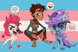 Size: 1280x853 | Tagged: safe, artist:heebjeeb, imported from derpibooru, trixie, dog, human, pony, poodle, unicorn, 100% wolf, eggs trubshaw, freddy lupin, pride, pride flag, trans trixie, transgender, transgender pride flag