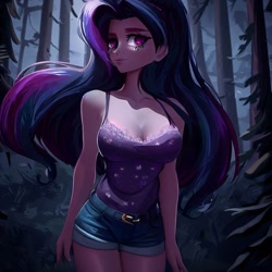 Size: 900x900 | Tagged: safe, imported from derpibooru, twilight sparkle, human, ai content, ai generated, bare shoulders, breasts, camisole, cleavage, clothes, denim, denim shorts, female, forest, generator:stable diffusion, humanized, looking at you, night, shorts, sleeveless, solo