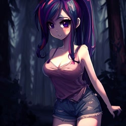 Size: 900x900 | Tagged: safe, imported from derpibooru, twilight sparkle, human, equestria girls, legend of everfree, ai content, ai generated, alternate hairstyle, big breasts, breasts, busty twilight sparkle, cleavage, clothes, denim, denim shorts, female, forest, generator:stable diffusion, humanized, looking at you, night, ponytail, shorts, solo, standing