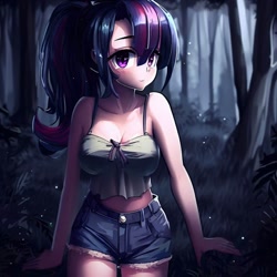 Size: 900x900 | Tagged: safe, imported from derpibooru, twilight sparkle, human, equestria girls, legend of everfree, ai content, ai generated, alternate hairstyle, big breasts, breasts, busty twilight sparkle, cleavage, clothes, denim, denim shorts, female, forest, generator:stable diffusion, humanized, looking at you, midriff, night, ponytail, shorts, smiling, smiling at you, solo