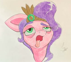 Size: 1660x1438 | Tagged: safe, artist:engi, imported from derpibooru, pipp petals, pegasus, pony, bags under eyes, crown, exhausted, female, g5, jewelry, majestic as fuck, open mouth, regalia, simple background, solo, tired, tongue out, traditional art, watercolor painting